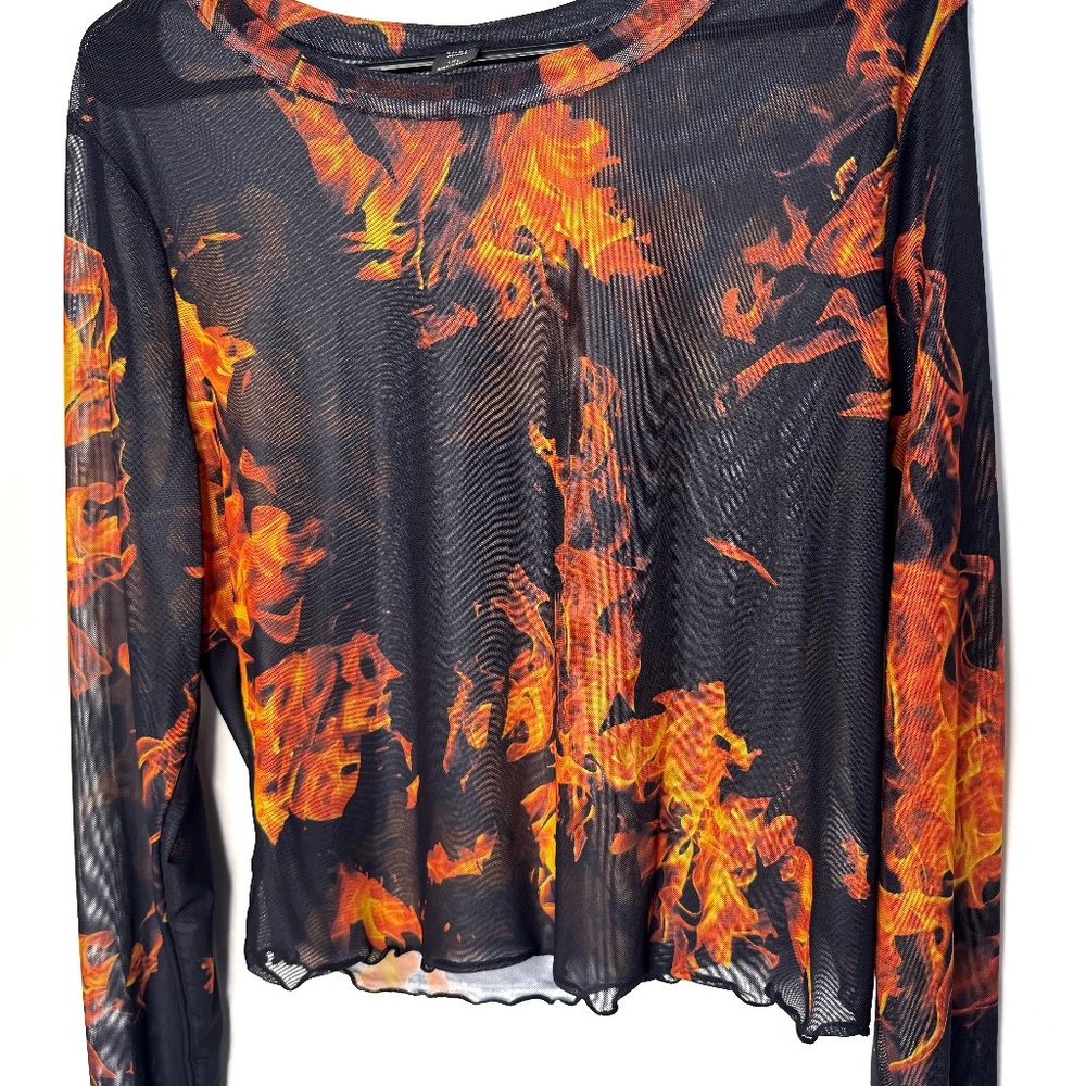 SHEIN Transparent mesh top with a fire pattern and long sleeves size XL